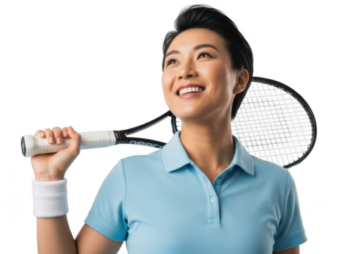 Joyful asian woman holding tennis racket ready for play outdoor sports isolated on transparent background