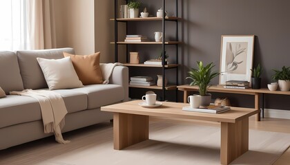 Modern living room interior with contemporary furniture and sleek wooden decor