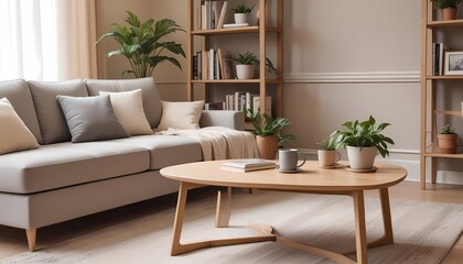 Modern living room interior with contemporary furniture and sleek wooden decor