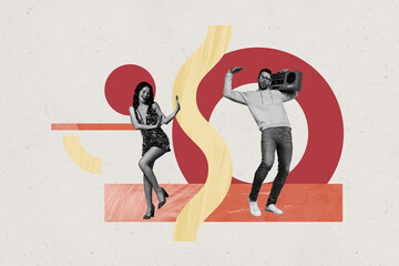 Full 3d pop poster art collage of happy girl guy dance weekend party chill entertainment success occasion celebrate holiday