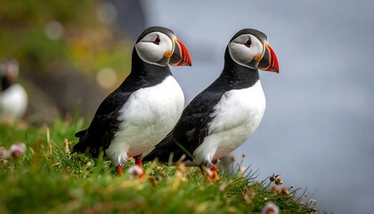 Two puffins perched on a grassy cliff