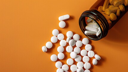 Top View of Spilled White Pills: A High-Angle Macro Shot with Ample Copy Space