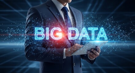 Businessman with digital tablet showing Big Data illuminated text and glowing nodes on a dark blue background and