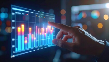 Hand Interacting with Futuristic Holographic Business Data Display for Digital Analytics and Financial Growth