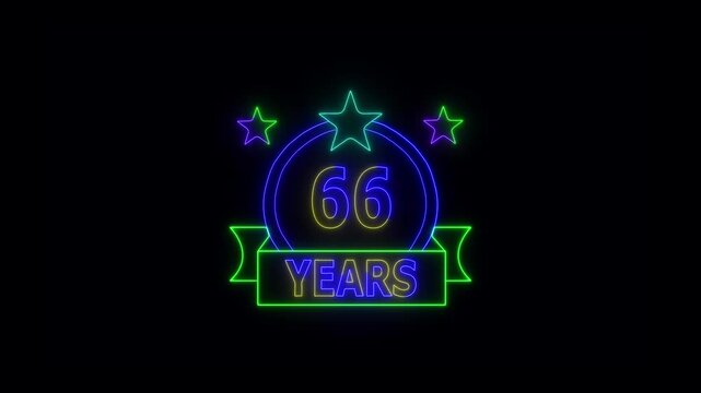 66 Years Anniversary Celebration Neon Sign with Stars and Glowing Banner Highlighting Milestone Achievement and Success.