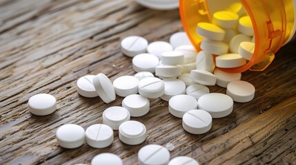 Top View of Spilled White Pills: A High-Angle Macro Shot with Ample Copy Space