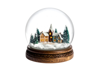 Christmas village snow globe with church and trees isolated on transparent background