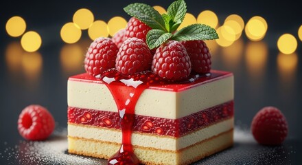 Decadent Raspberry Layer Cake With Fresh Mint Garnish