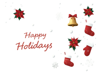 Festive holiday illustration featuring poinsettias, red stockings, a golden bell with a red bow, and snowflakes on a white background with "Happy Holidays" text.