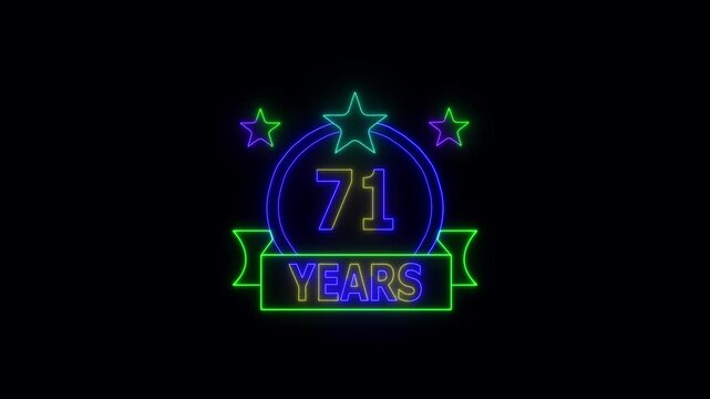 71 Years Anniversary Celebration Neon Sign with Stars and Glowing Banner Highlighting Milestone Achievement and Success.