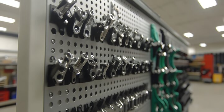 Organized Metal Parts on Pegboard Wall Industrial Setting - Powered by Adobe