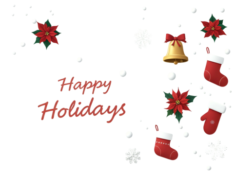 Festive holiday illustration featuring poinsettias, red stockings, a golden bell with a red bow, and snowflakes on a white background with "Happy Holidays" text.