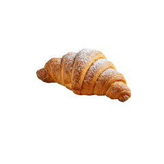 Golden artisan croissant with powdered sugar, vibrant raspberry jam on minimalist white plate, transparent studio background, bright diffused light, 45-degree overhead, commercial food concept.