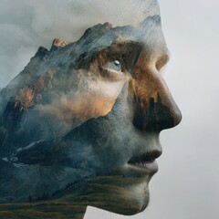 Fototapeta premium Profile image mans face overlaid with mountain landscape blending features terrain seamlessly
