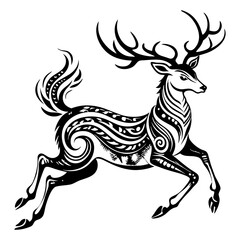 Stylized leaping stag with elaborate swirling patterns deer running
