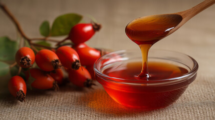 Rosehip extract in glass dish shows honey-like texture, surrounded by white rosehips. Symbolizes natural vitamins for health maintenance, cold prevention. Ideal wellness content.


