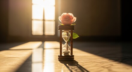 A single rose sits atop an hourglass as sunlight streams through a window