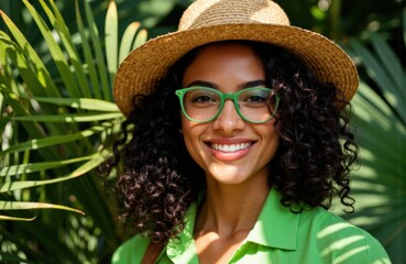 Woman smiling outdoors wearing a straw hat and green glasses in lush greenery