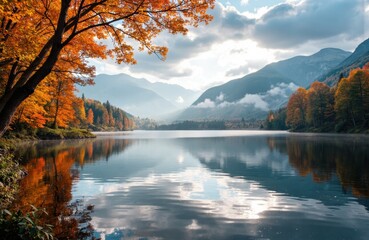 Fototapeta premium Autumn landscape with calm lake reflecting colorful trees and mountain scenery
