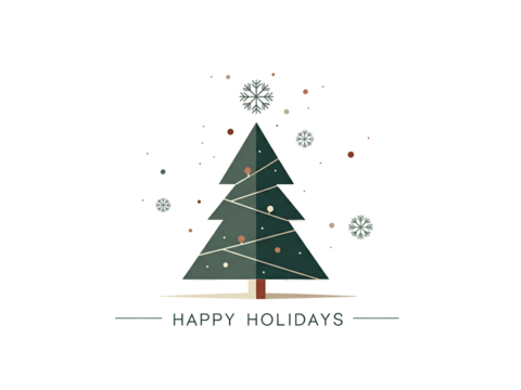 Minimalist Christmas tree illustration with snowflakes and confetti on a white background, wishing "Happy Holidays".