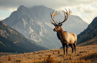 Majestic elk standing in a mountain landscape with rugged peaks and open plains