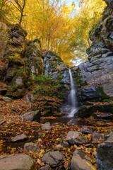 Beautiful waterfall cascading down mossy rocks surrounded by vibrant autumn foliage and fallen leaves in a tranquil forest gorge.