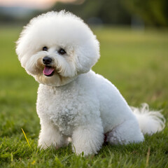 A Bichon Frise, small fluffy white dog breed, known for cheerful personality, playful nature, hypoallergenic coat