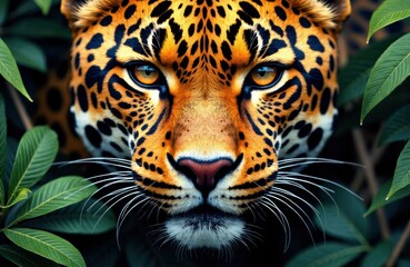 Obraz premium Close-up of a jaguar's face surrounded by lush green leaves with intense gaze and detailed fur