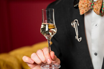 Man in formal attire holding a glass of white wine, wearing a floral bow tie and safety pin on lapel, against red background. Stylish, quirky, and elegant composition