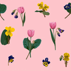 Soft Pastel Japanese Flowers Seamless Pattern Design for Backgrounds
