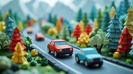 Obraz premium Miniature forest road with colorful cars geometric trees and snow capped mountains blending paper craft charm scenic whimsy travel nature design