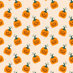 Seamless Halloween pumpkin pattern with autumn leaves. Colorful seamless Halloween pattern with carved pumpkins, autumn leaves, stars, and seasonal decorations, perfect for festive backgrounds