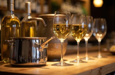 Two glasses of white wine and bottles on a wooden bar counter in a cozy restaurant setting