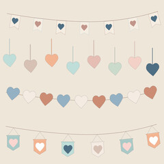 A set of flagpoles and flags with hand-drawn hearts inside. Party decorations, greeting cards, backdrops, posters, and banners.