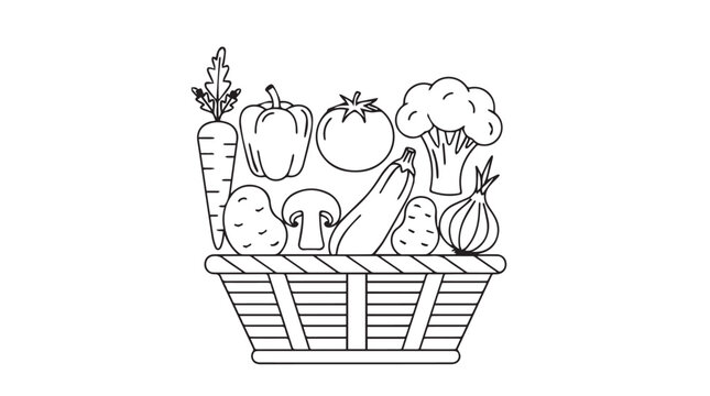 Fresh harvest basket filled with assorted vegetables outline drawing for coloring vector