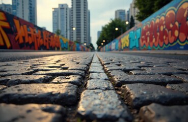 Colorful graffiti murals line both sides of a cobblestone street with wet stones and urban buildings in the background