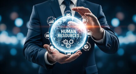 Professional Holding Digital Human Resources Globe Representing Modern Workforce Management and Technology Driven HR