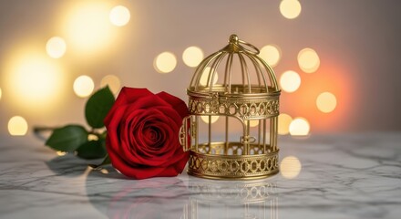 A Single Red Rose Beside an Ornate Golden Birdcage