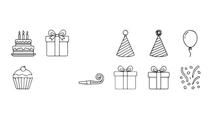 Celebration essentials birthday party icons set festive cake gifts balloon party hats and cupcakes vector