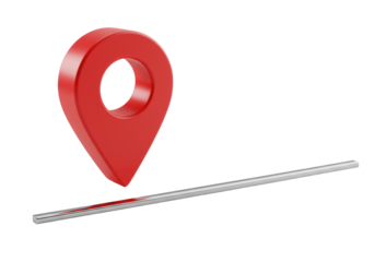 Vibrant scarlet-red 3D geometric map marker pin with matte finish and sleek chrome line, isolated on transparent, high-key studio shot, concept of modern precision and elegance