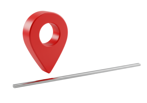 Vibrant scarlet-red 3D geometric map marker pin with matte finish and sleek chrome line, isolated on transparent, high-key studio shot, concept of modern precision and elegance