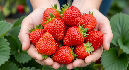 Hands holding freshly picked ripe strawberries from the garden on a summer day
