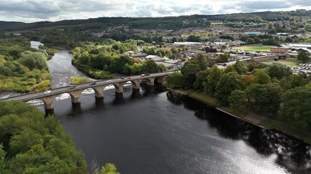 Aerial drone view bridge Hexham north east england northumberland market town city british uk Tynedale