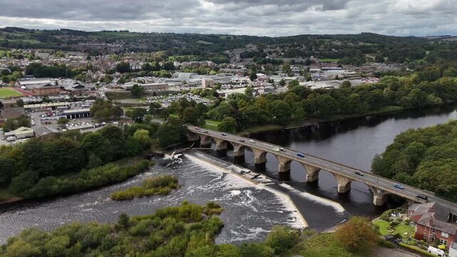 Aerial drone view bridge Hexham north east england northumberland market town city british uk Tynedale