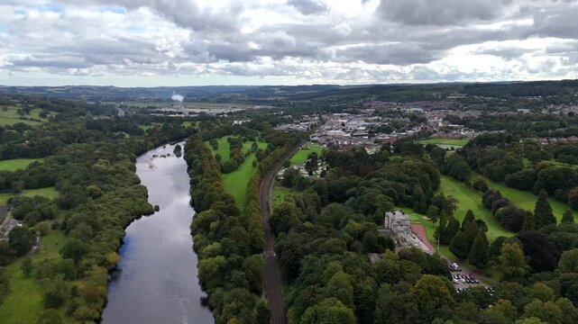 Aerial drone view bridge Hexham north east england countryside river tyne northumberland market town city british uk Tynedale