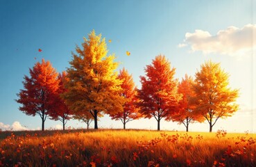 Fototapeta premium Colorful autumn trees line a grassy field with falling leaves under a bright blue sky