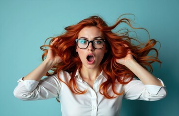 Woman with red hair and glasses expressing surprise or shock against a solid teal background