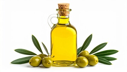 An elegant bottle of olive oil with olives and olive branch, embodying the essence of Mediterranean cuisine and healthy living