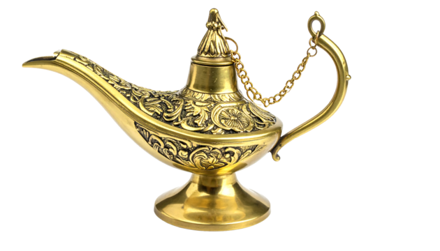 Ornate brass aladdin genie lamp isolated on transparent background - Powered by Adobe
