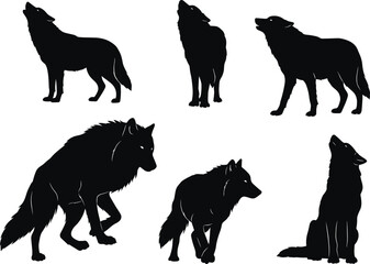 Silhouette illustration of wolves howling, standing, walking, sitting, hunting, black and white vector animal design for nature wildlife artwork